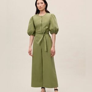 NWOT Rebecca Taylor Olive Green Jumpsuit Puff Sleeve Button Up Tie Waist 6